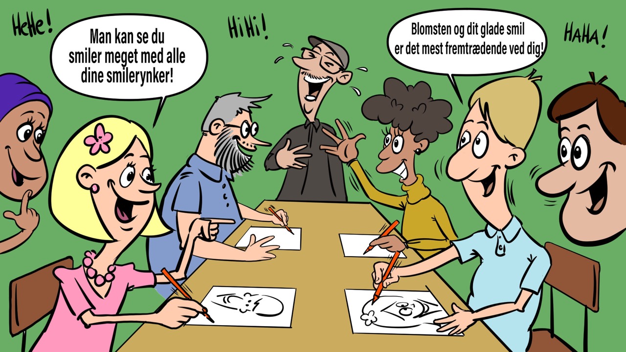 Teambuilding for virksomheder med en professionel karikaturtegner Giv dine medarbejdere nogle timer med et rigtig godt grin! Teambuilding med karikaturtegning er en sjov og lærerig workshop, der kombinerer kreativitet, humor og samarbejde. Undervejs lærer deltagerne de grundlæggende ansigts proportioner, som danner fundamentet for at lave karikaturer. Samtidig får I en masse sjov med at tegne hinanden og lave humoristiske portrætter af jeres kollegaer.